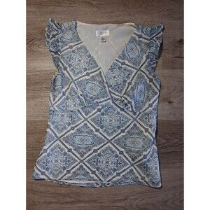 LOFT Blouse Light Blue Paisley V-Neck Flutter Sleeve Womens Top